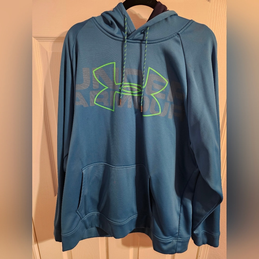 Under Armour Men's Teal Hoodie with Neon Green Logo